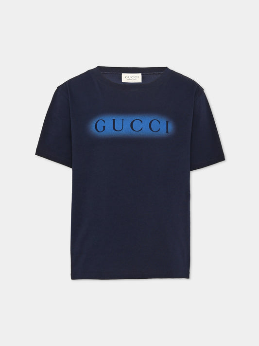 Short sleeve blue T-shirt for boy with logo