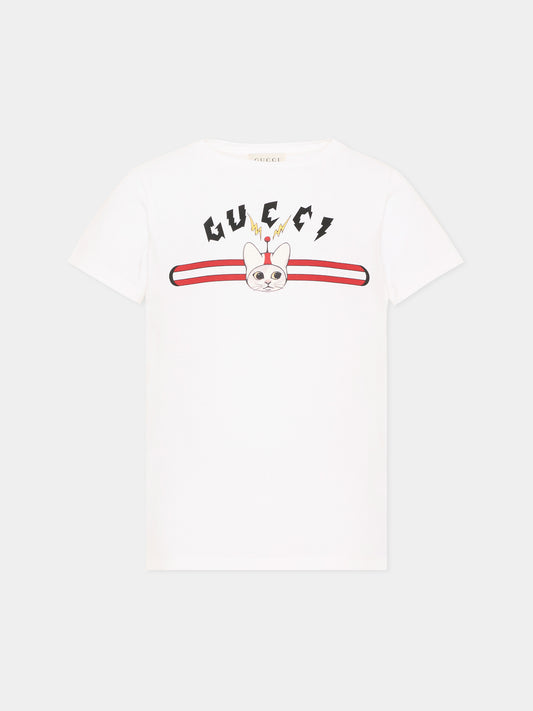 T-shirt a manica corta avorio per bambino stampa logo
