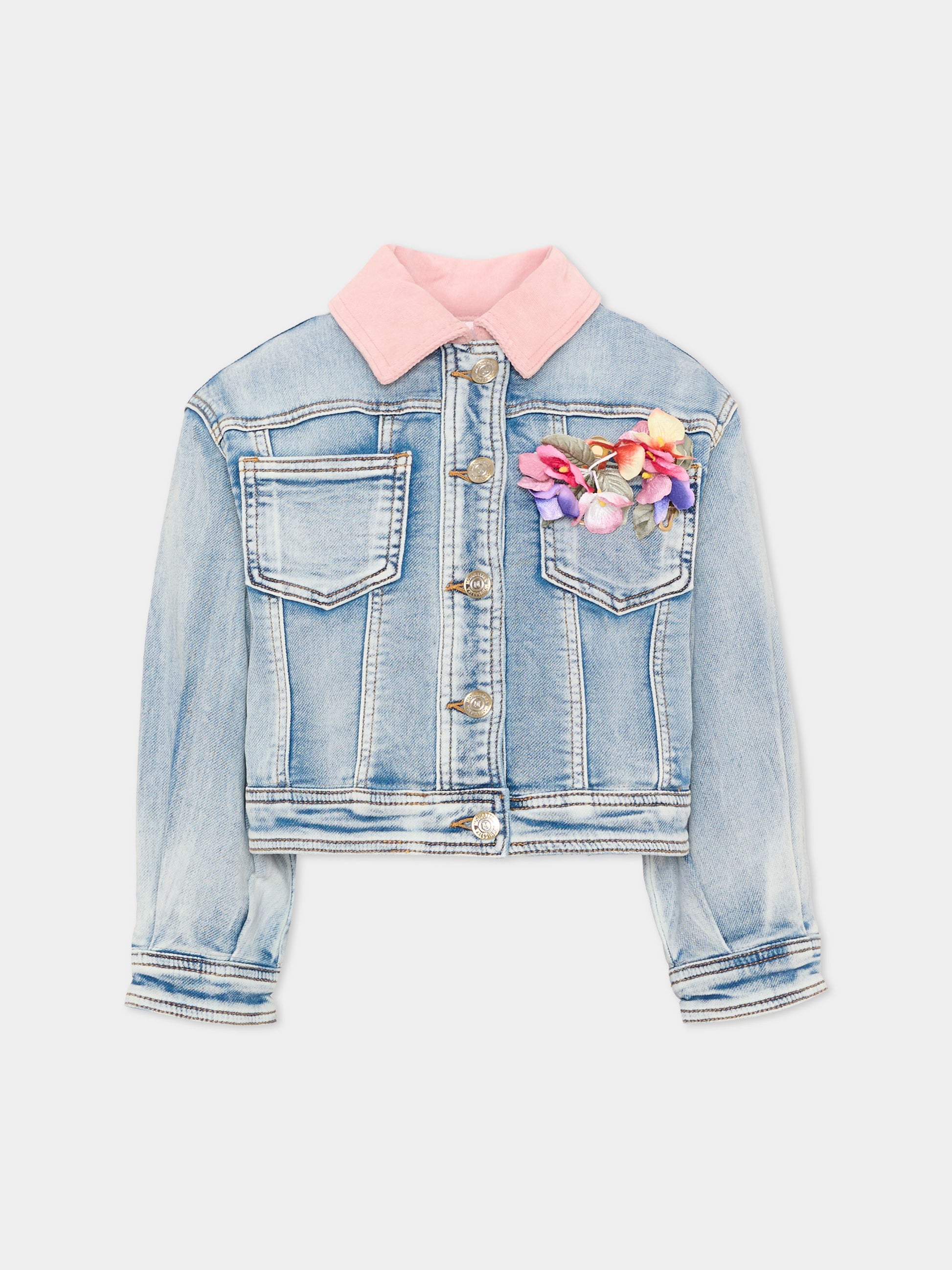 Giubbotto Di Jeans denim per bambina con fiori,Monnalisa,19H103 8042 0062