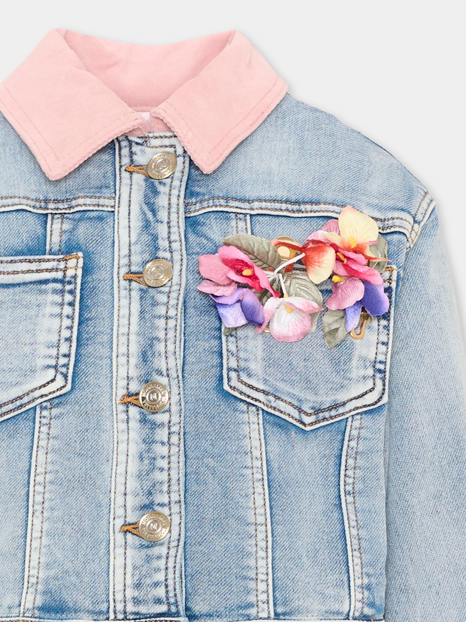 Giubbotto Di Jeans denim per bambina con fiori,Monnalisa,19H103 8042 0062