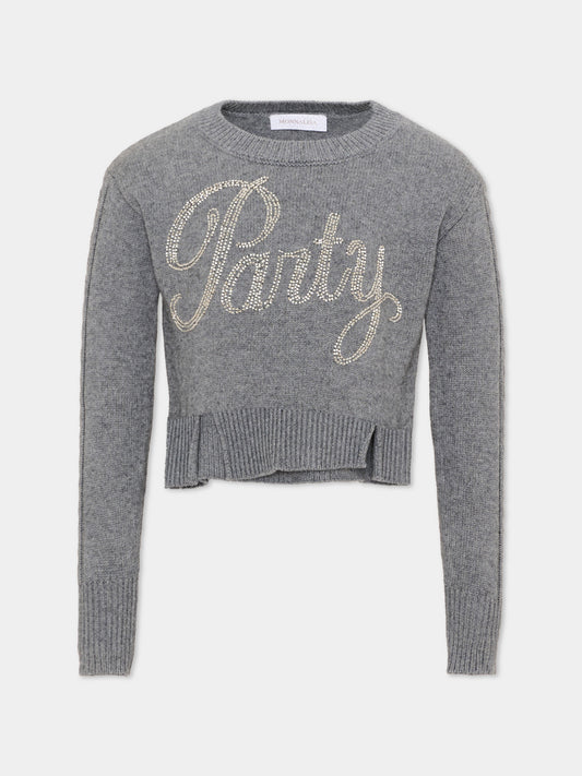 Maglione grigio per bambina con perline,Monnalisa,79H608 8060 3275