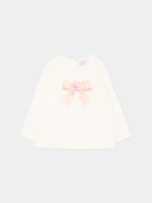 T-shirt avorio per neonata con fiocco,Monnalisa,39H600 8002 0001