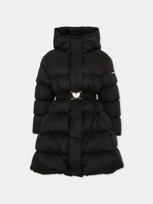 Piumino nero per bambina con cintura,Monnalisa,17H100 8020 0050