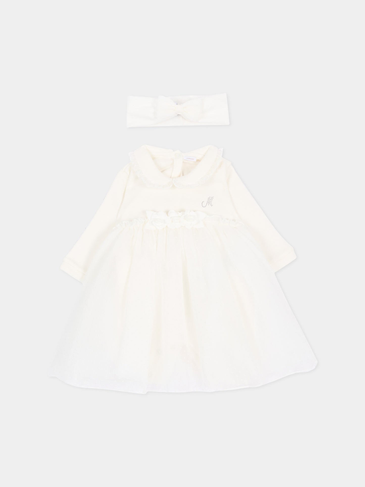 Abito elegante avorio per neonata con logo,Monnalisa,35H201 8070 0001
