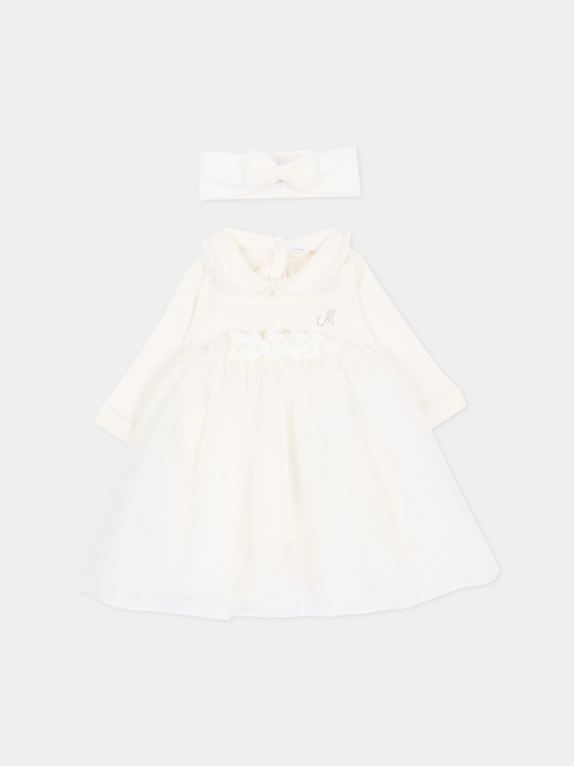 Abito elegante avorio per neonata con logo,Monnalisa,35H201 8070 0001