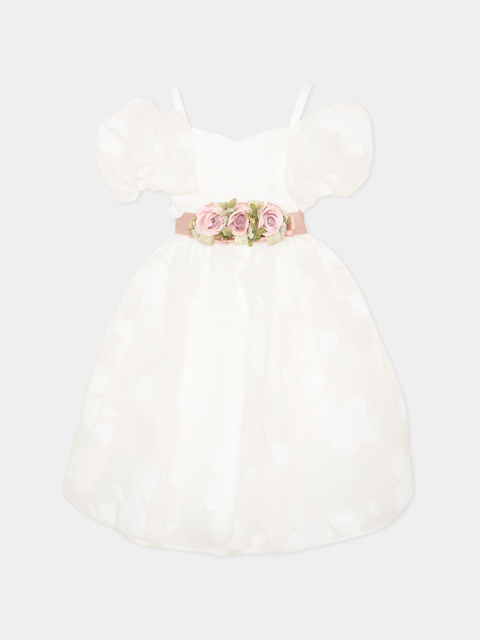 Abito elegante avorio per bambina con fiori applicati,Colorichiari,FL108479 4907 1583