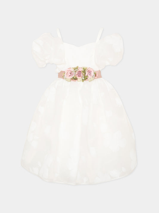 Abito elegante avorio per bambina con fiori applicati,Colorichiari,FL108479 4907 1583
