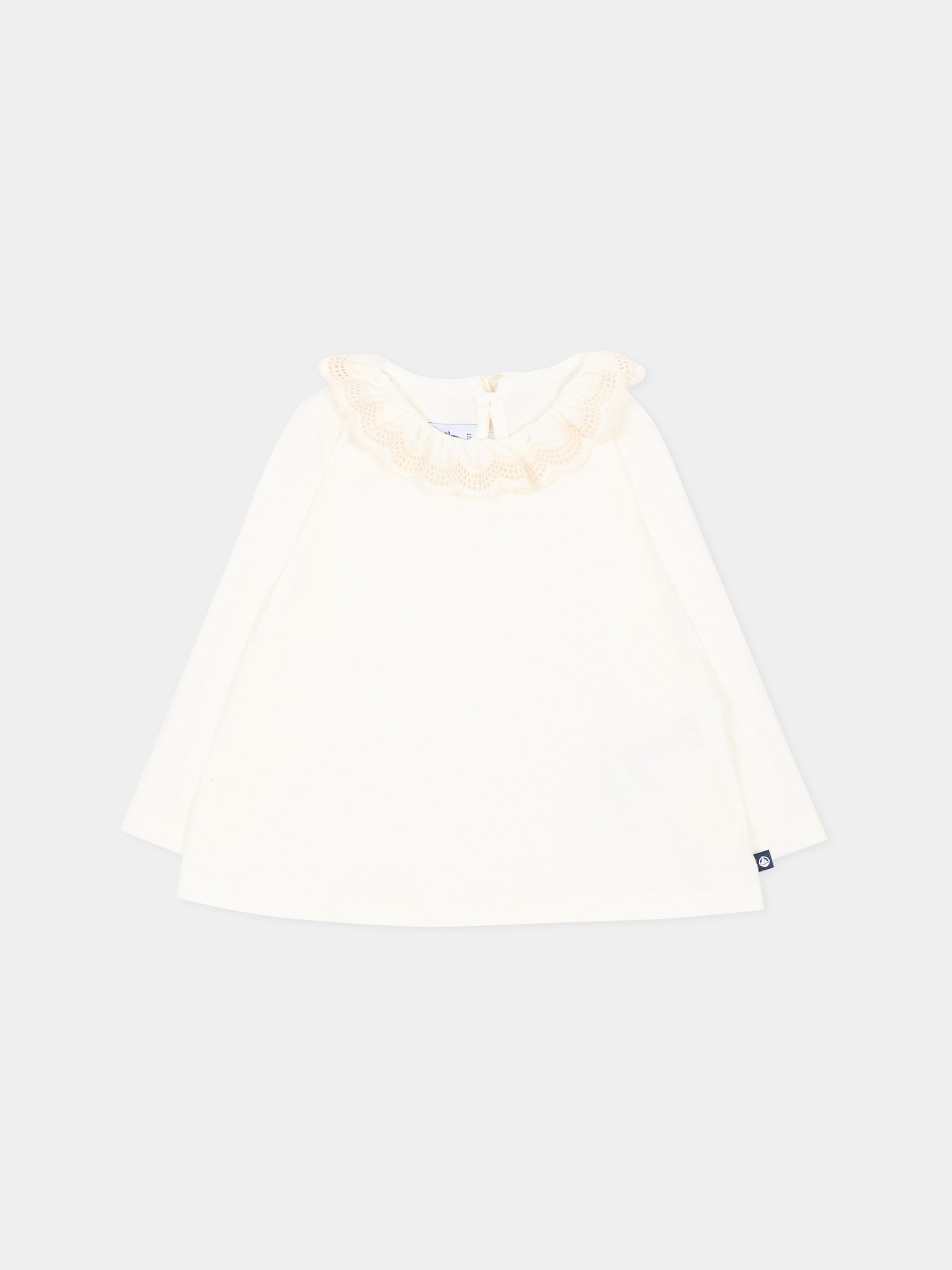 T-Shirt avorio per neonata con colletto in pizzo,Petit Bateau,A0GGO 01