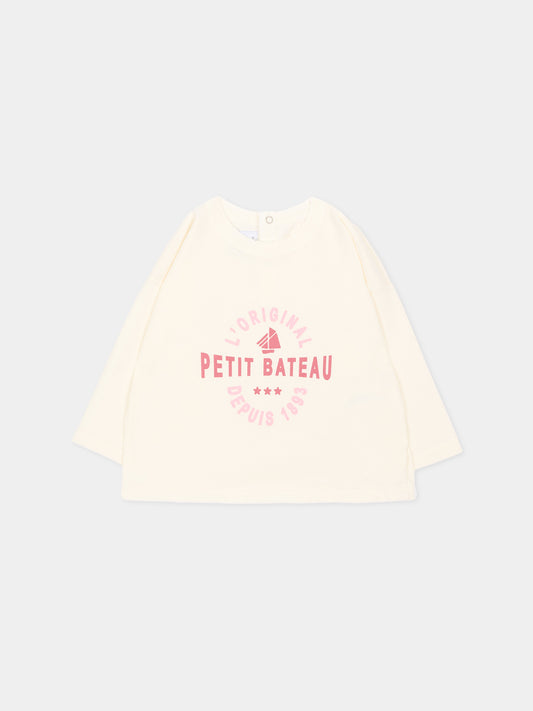 T-Shirt avorio per neonata con logo,Petit Bateau,A0H0K 01