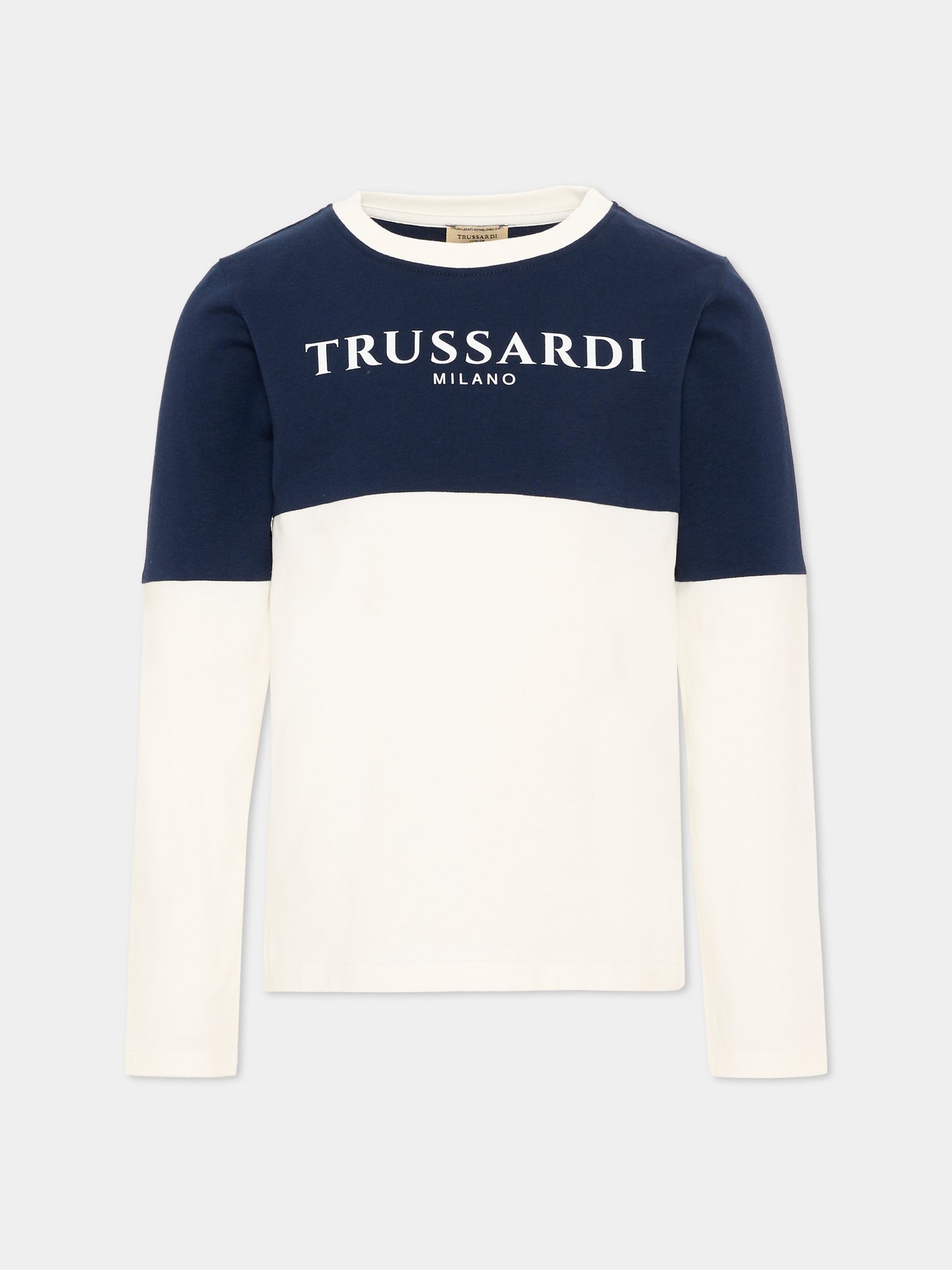 T-shirt bianca per bambino con logo,Trussardi Junior,TIA26055TS O-WHT/BL.N OFF-WHITE