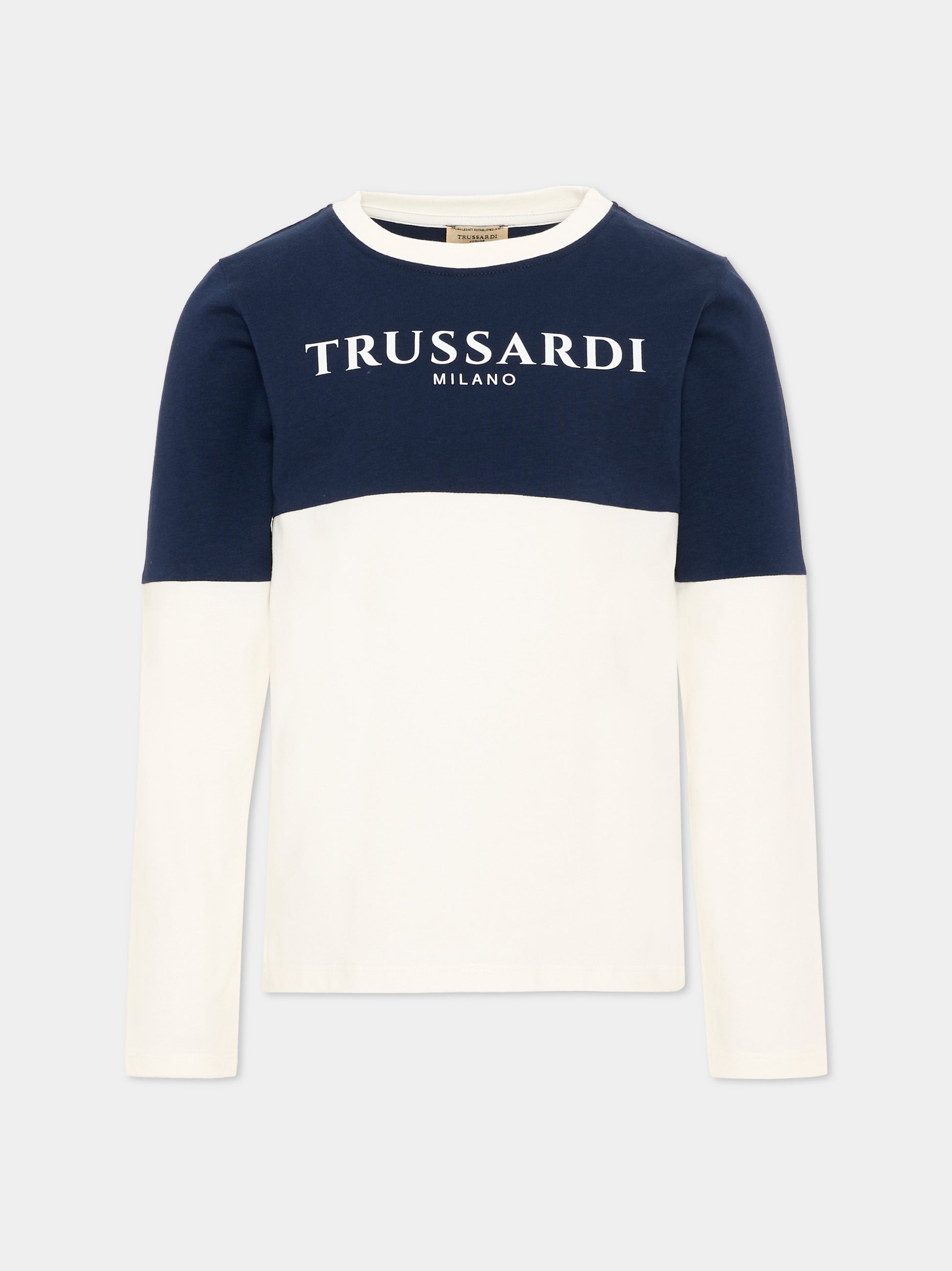 T-shirt bianca per bambino con logo,Trussardi Junior,TIA26055TS O-WHT/BL.N OFF-WHITE