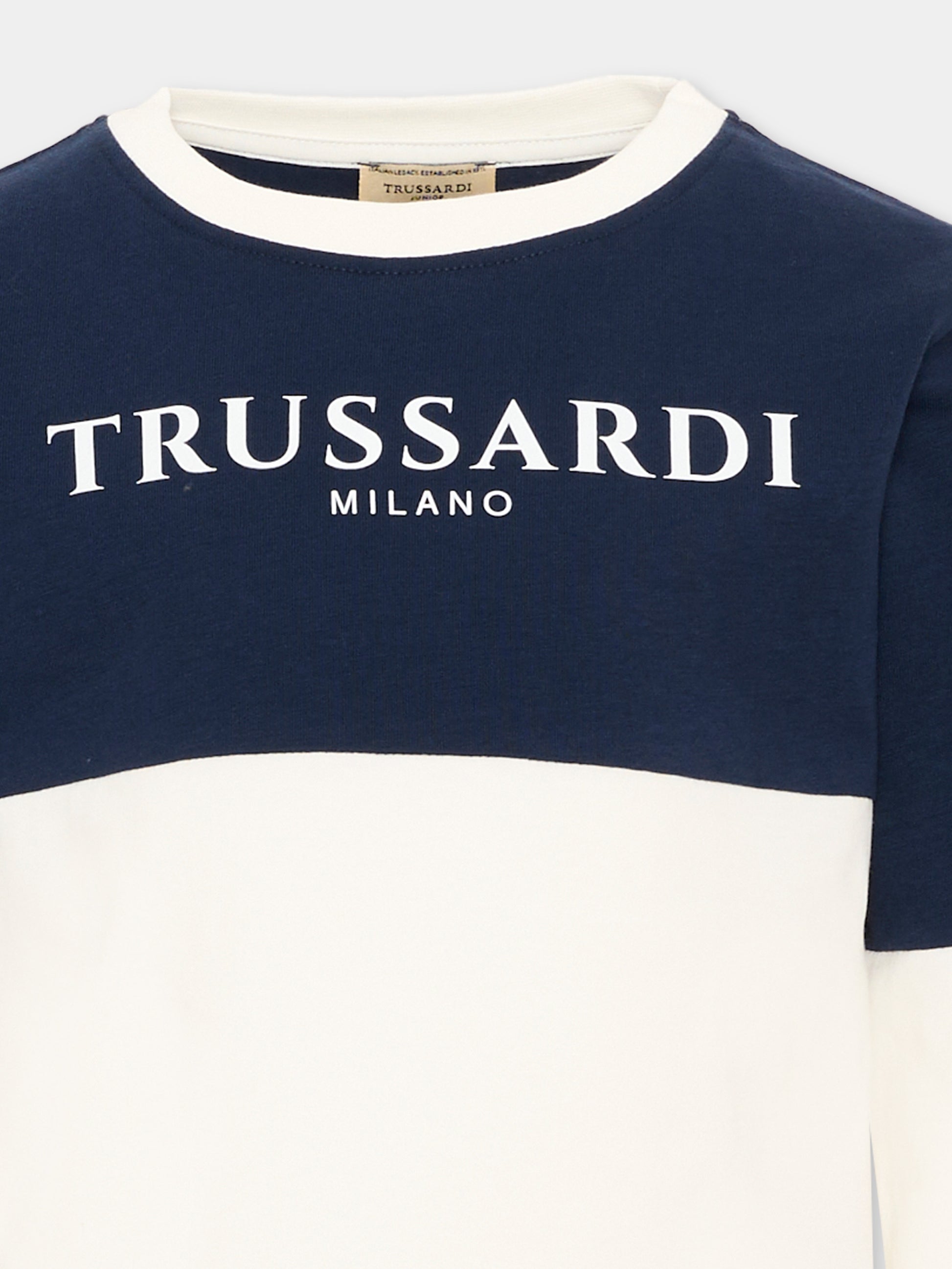 T-shirt bianca per bambino con logo,Trussardi Junior,TIA26055TS O-WHT/BL.N OFF-WHITE