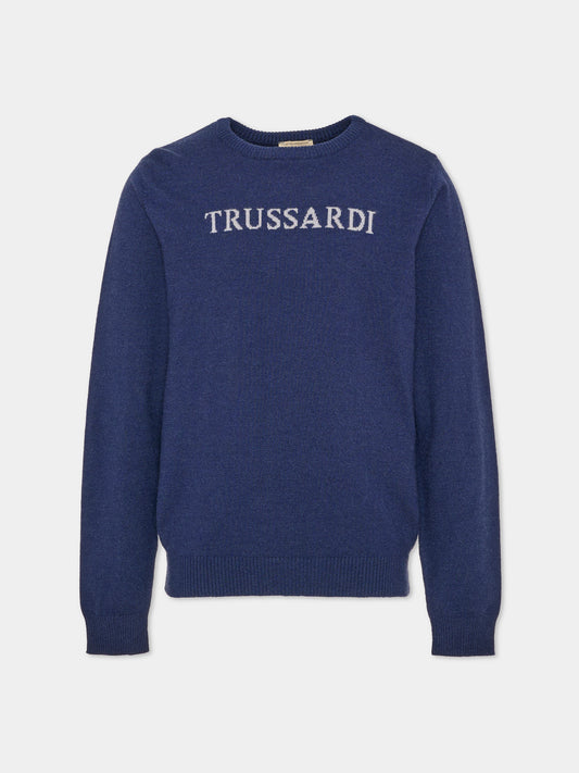 Maglione blu per bambino con logo,Trussardi Junior,TIA26171MA BLUE_NAVAL BLUE NAVAL