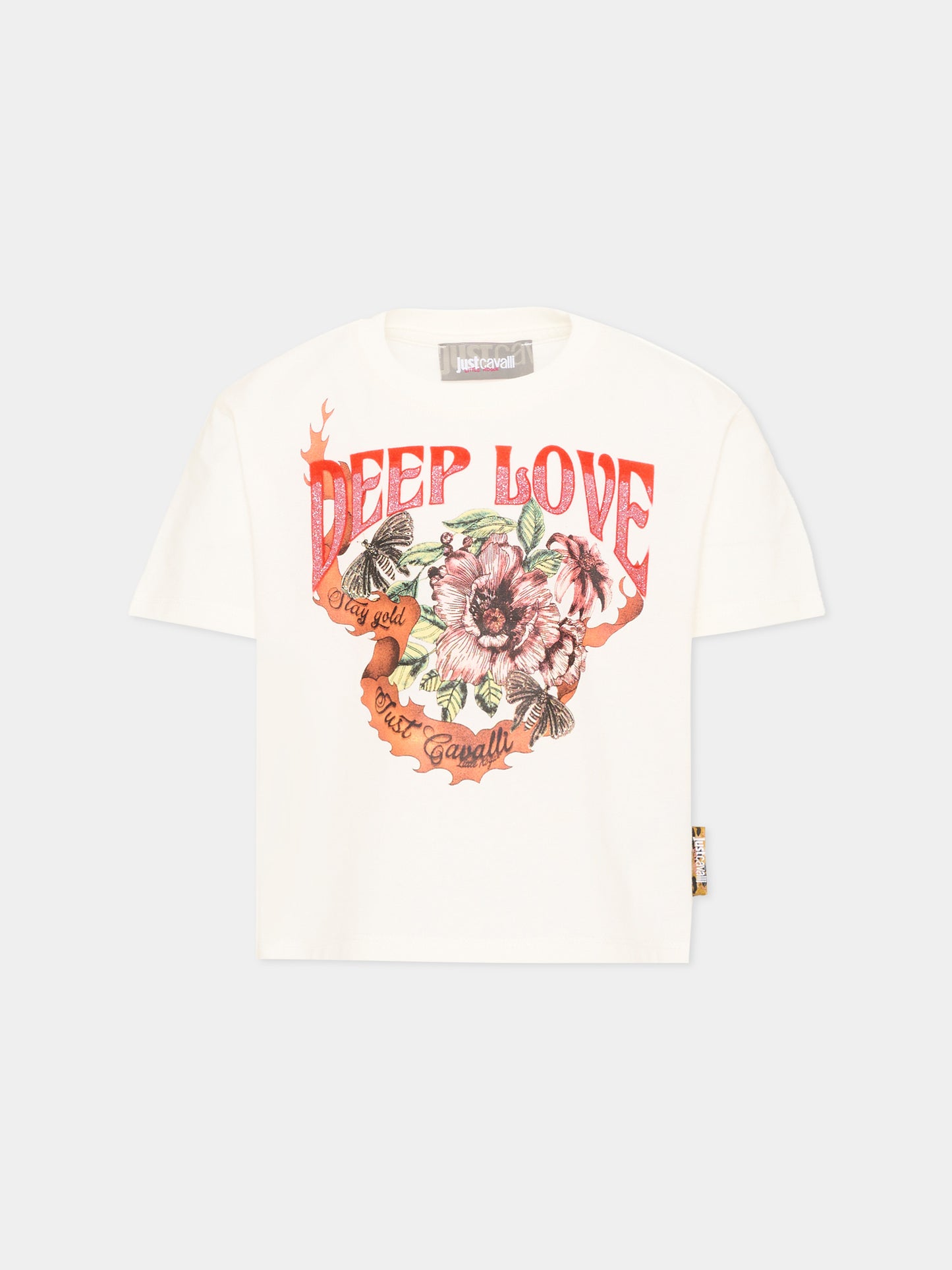 T-shirt avorio per bambina con fiori,Just Cavalli Kids,JGA26136TS MARSHMAL. MARSHMALLOW
