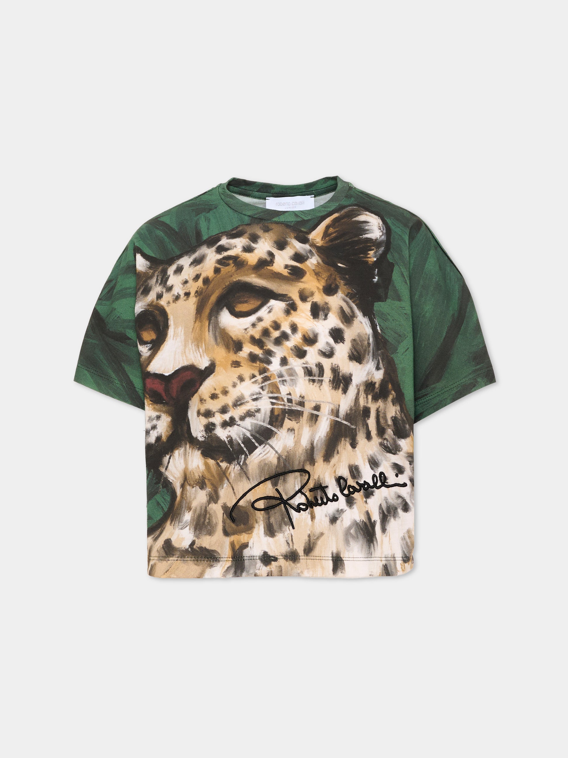 T-shirt verde per bambina con leopardo,Roberto Cavalli Kids,CGA26084TS BLACK