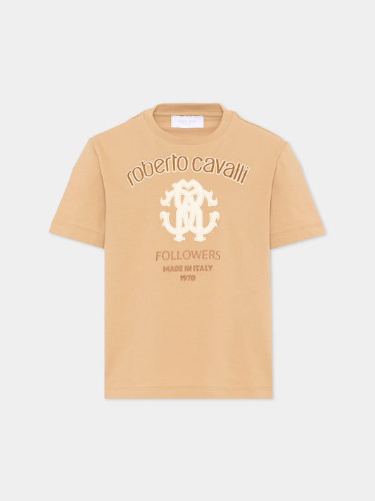 T-Shirt beige per bambini con logo,Roberto Cavalli Kids,CBA26070TS BEIG.MARZ.