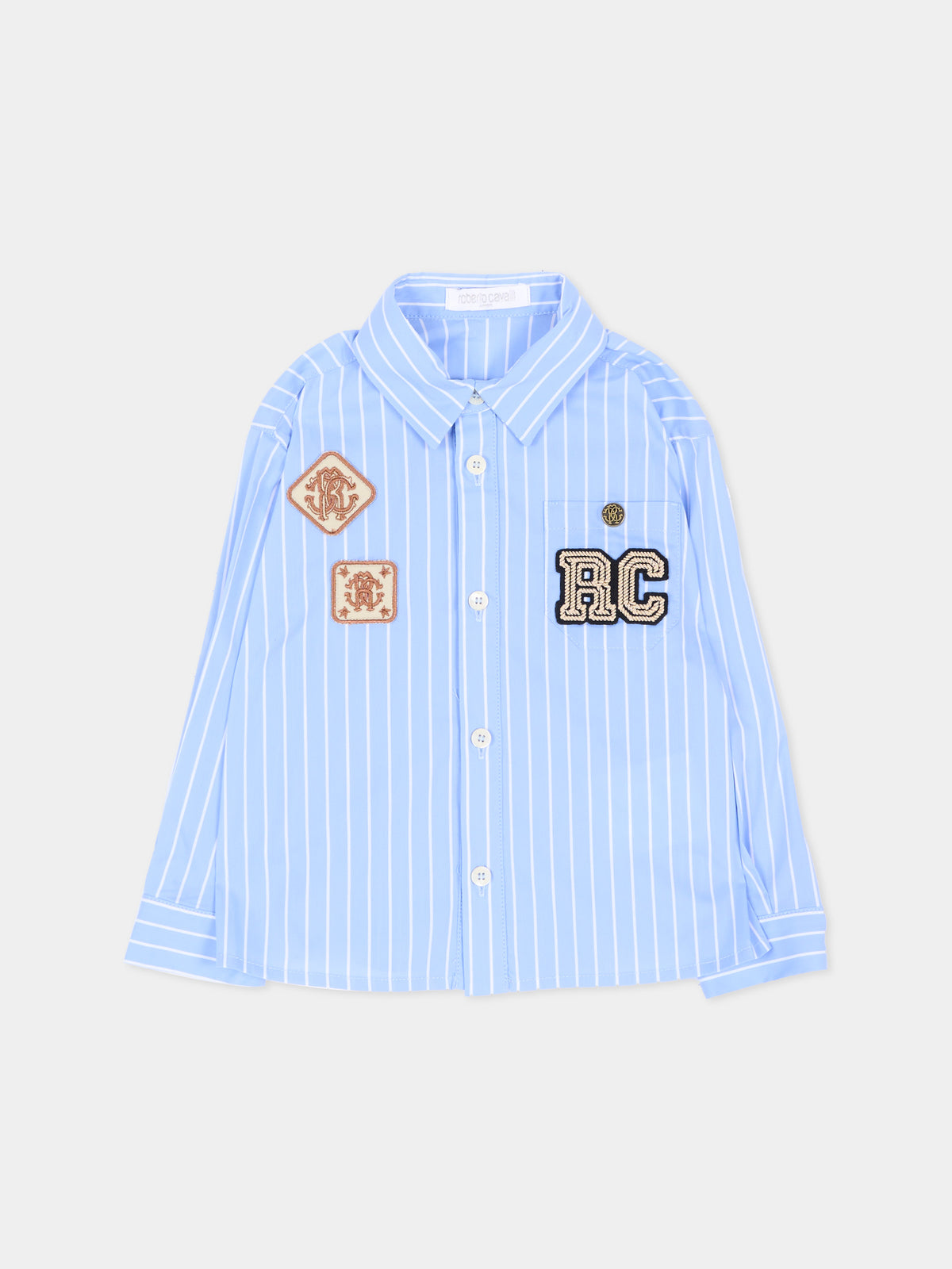 Camicia a manica lunga azzurra per neonato rigata,Roberto Cavalli Kids,CIA26132CA SKYRIDE/WH