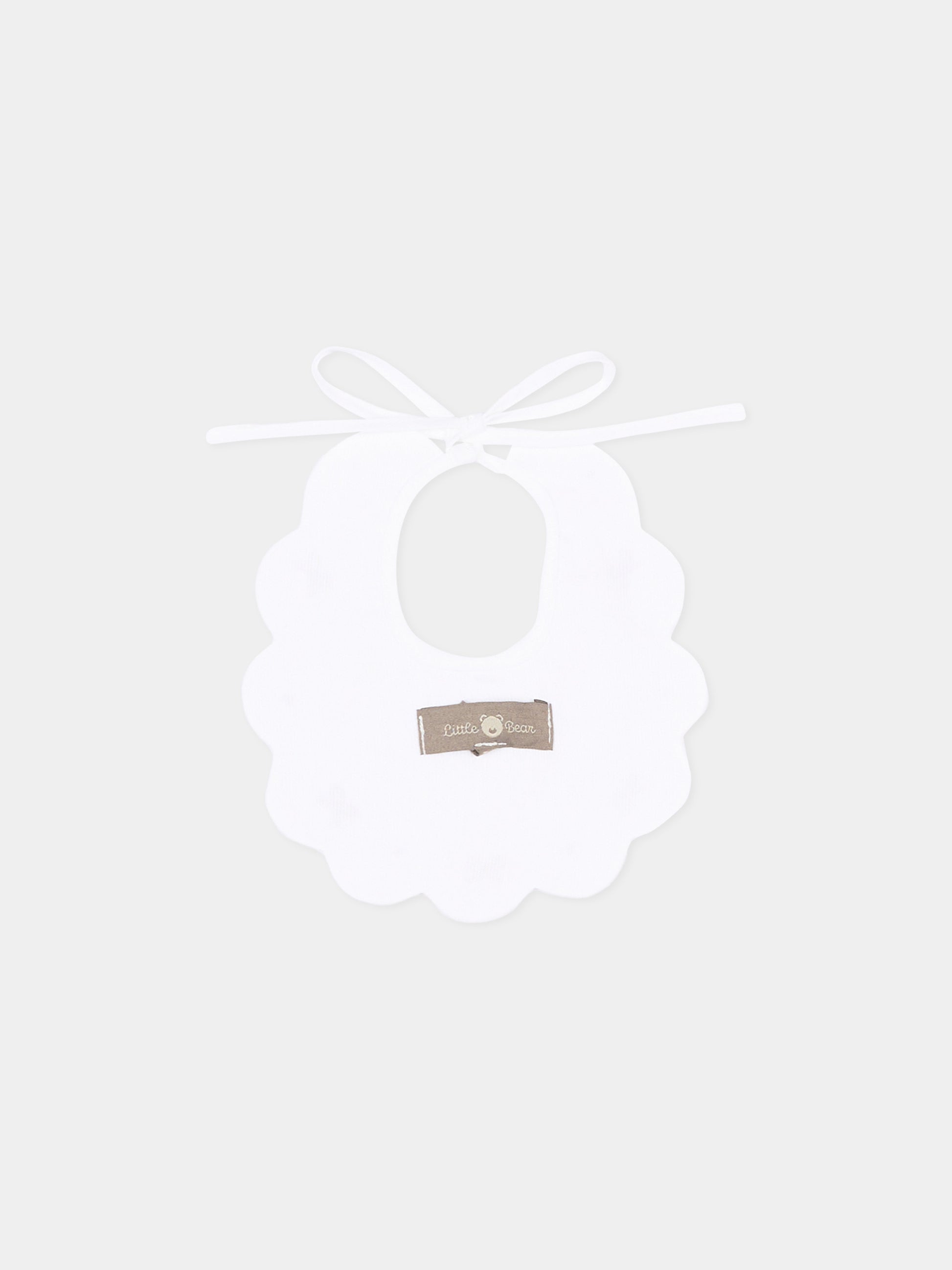 Bavaglino bianco per neonati con ricami beige,Little Bear,2043 BCO/CORDA