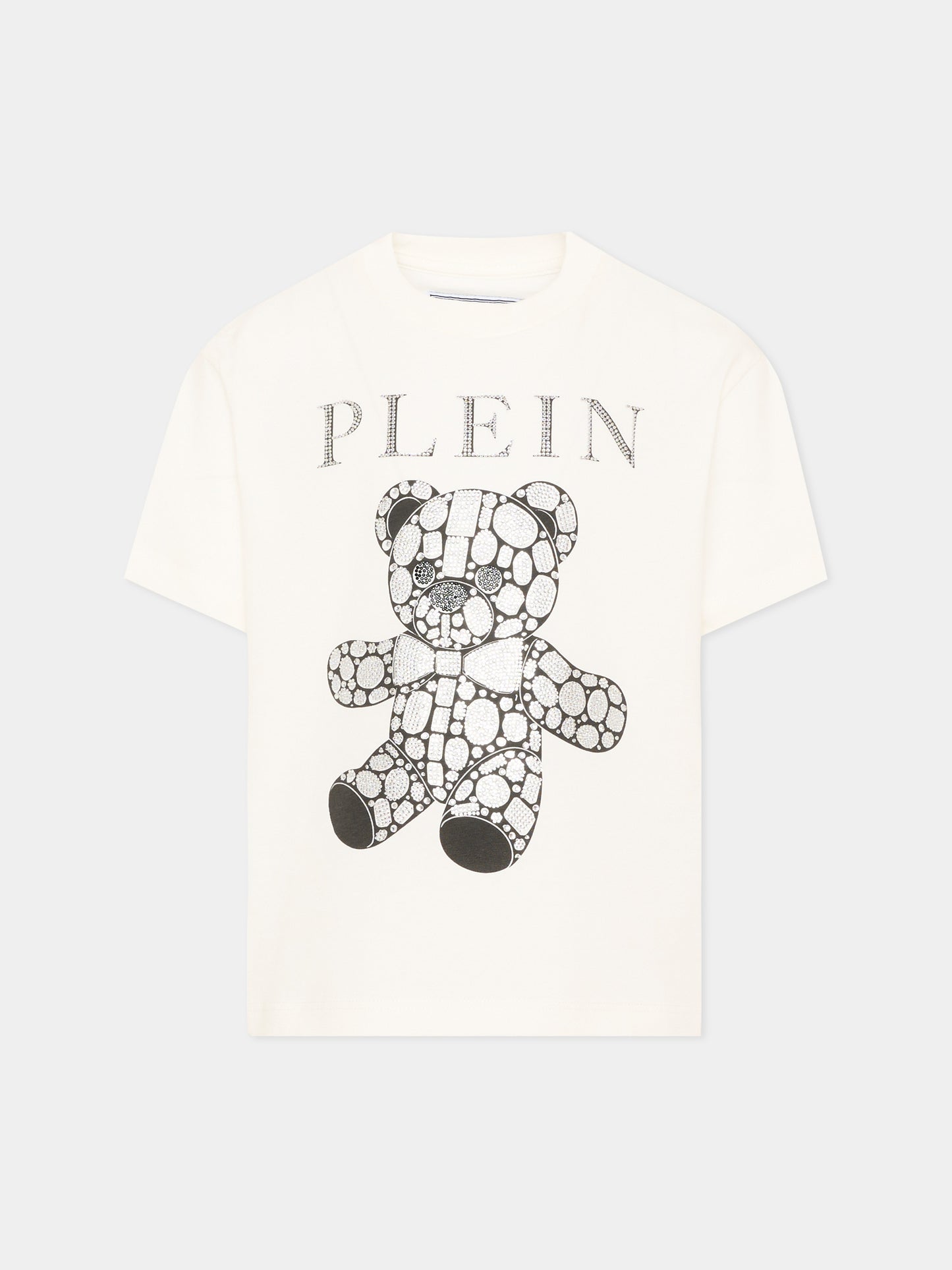 T-shirt avorio per bambina con orsetto e logo,Philipp Plein Junior,F6PHJGTH005 002
