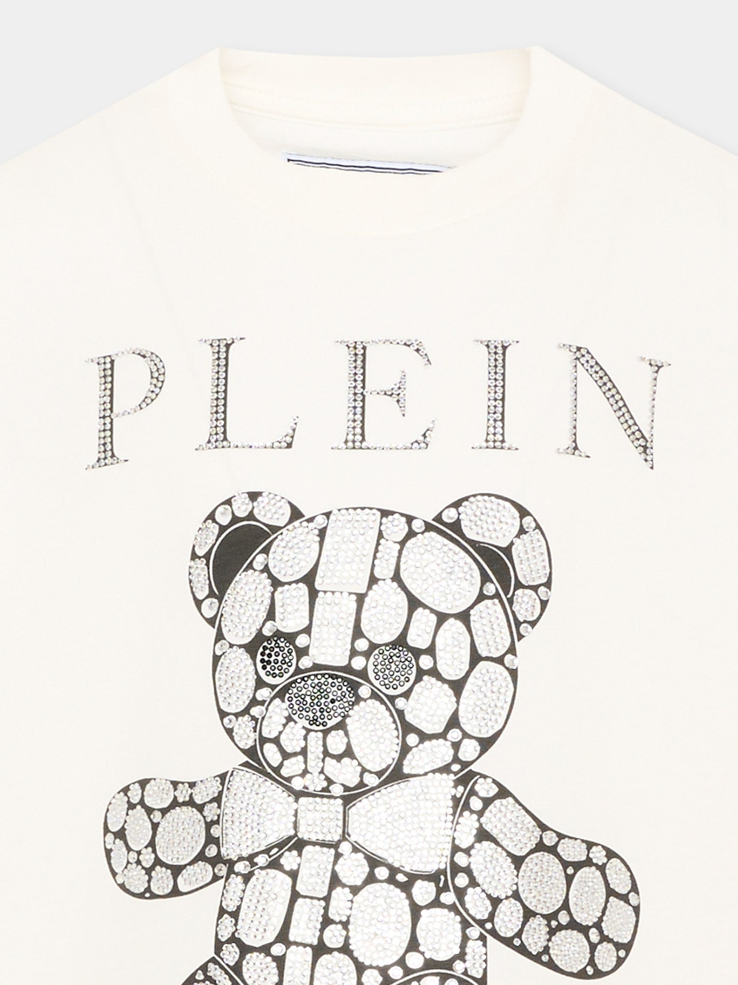 T-shirt avorio per bambina con orsetto e logo,Philipp Plein Junior,F6PHJGTH005 002