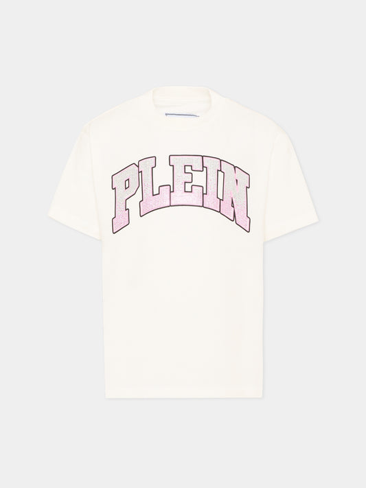 T-shirt avorio per bambina con logo,Philipp Plein Junior,F6PHJGTH042 002
