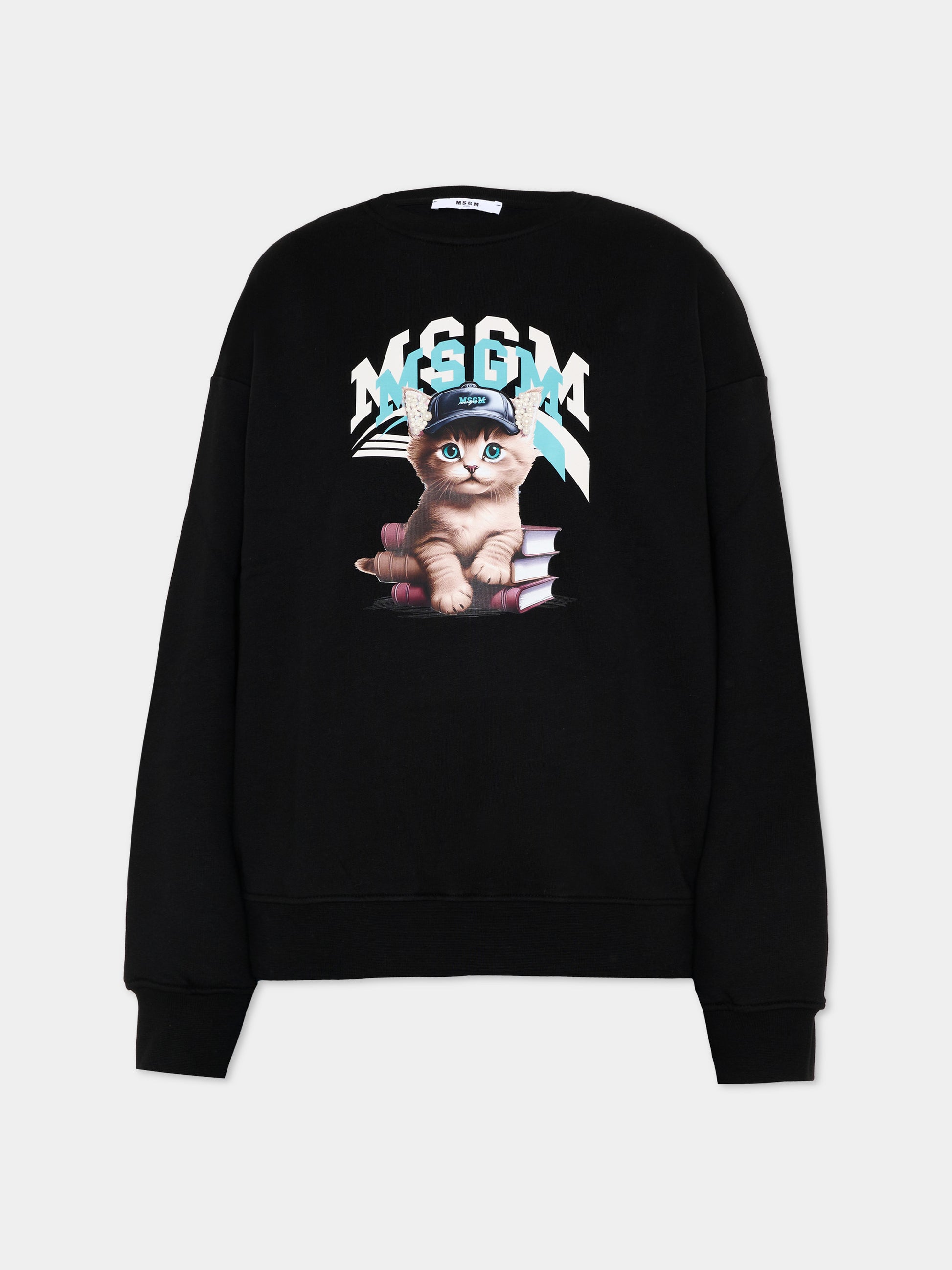 Felpa nera per bambina con gattino,Msgm Kids,F5MSJGSW125 110