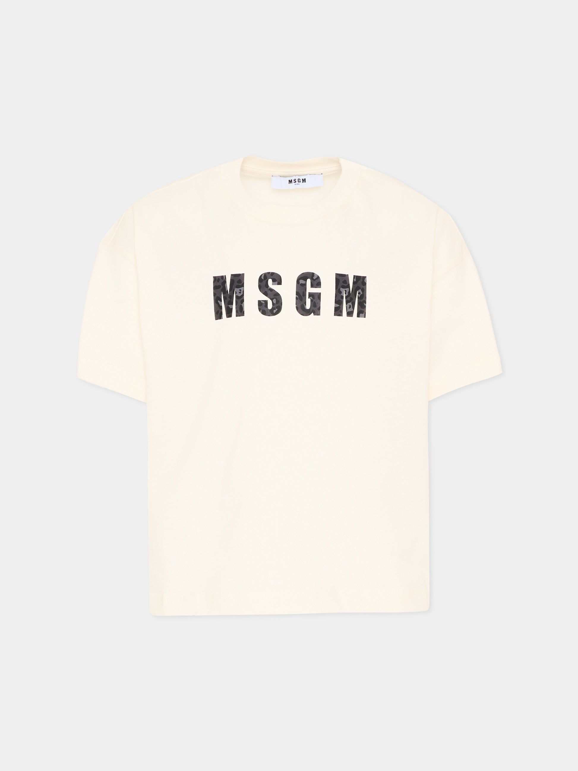 T-Shirt avorio per bambina con logo animalier,Msgm Kids,F5MSJGTH141 013