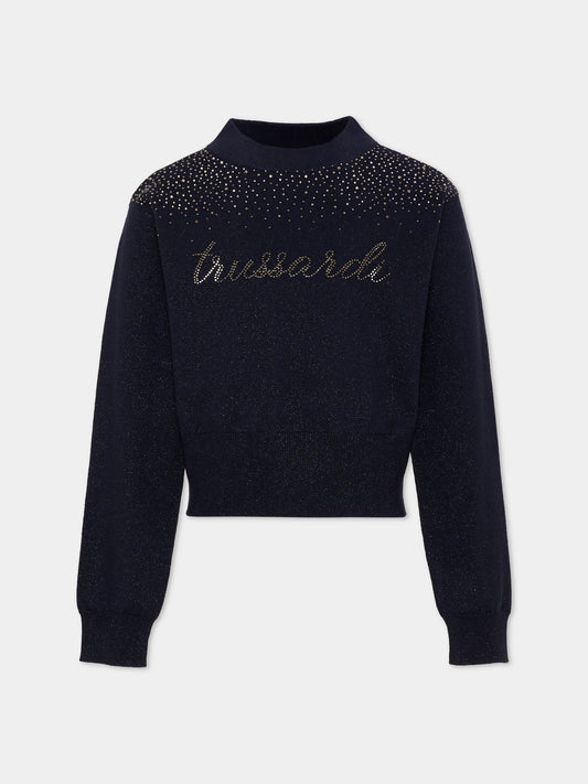 Maglione blu per bambina con strass,Trussardi Junior,TGA26020MA BLUE_NAVAL BLUE NAVAL