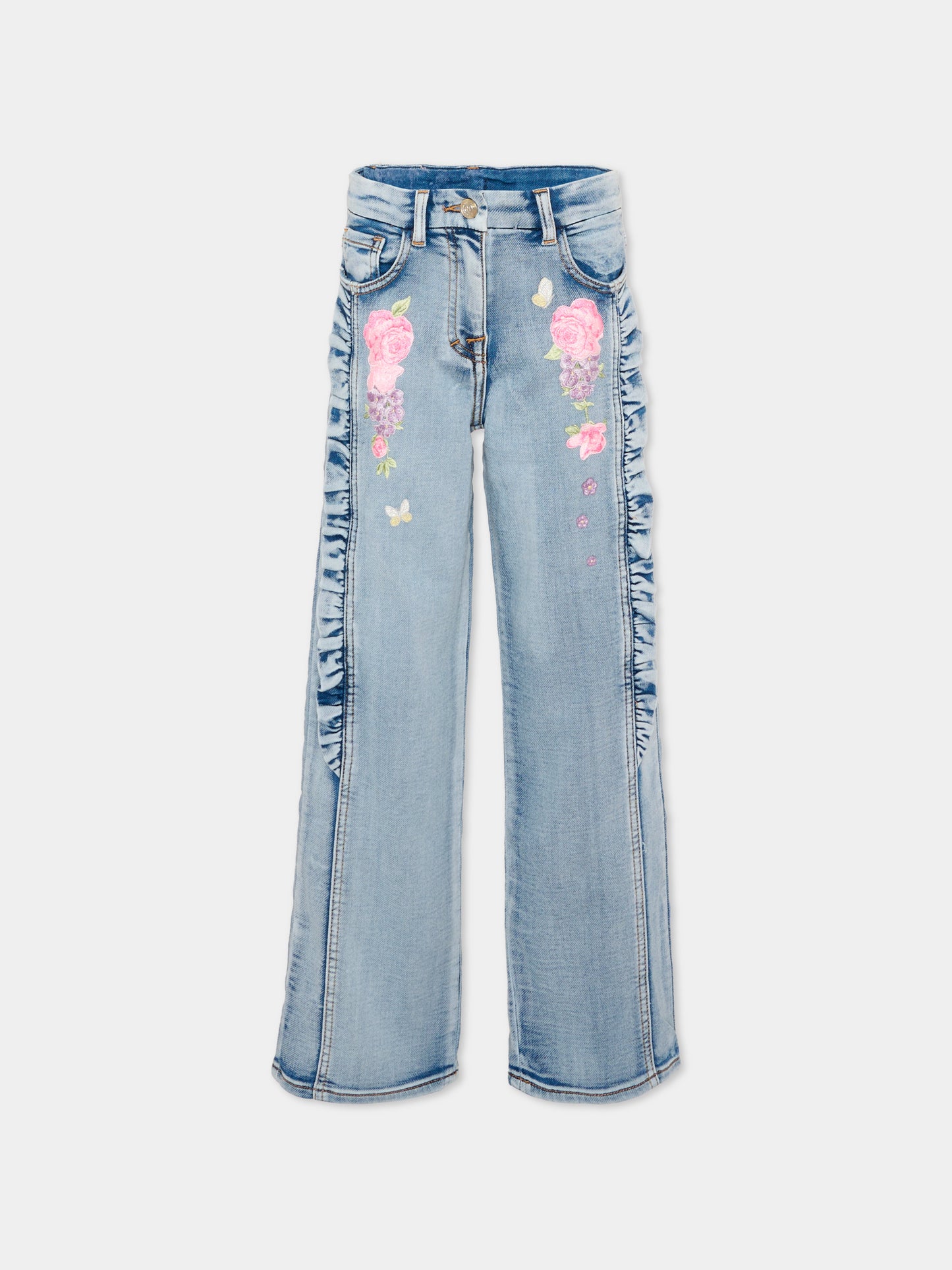 Jeans denim per bambina con ricami floreali,Monnalisa,19G404 7015 055B