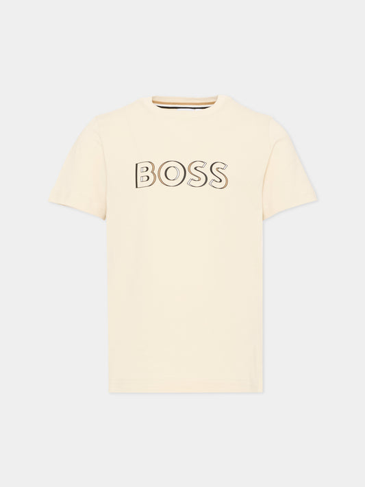 T-Shirt beige per bambino con logo,Boss,J52034 21C