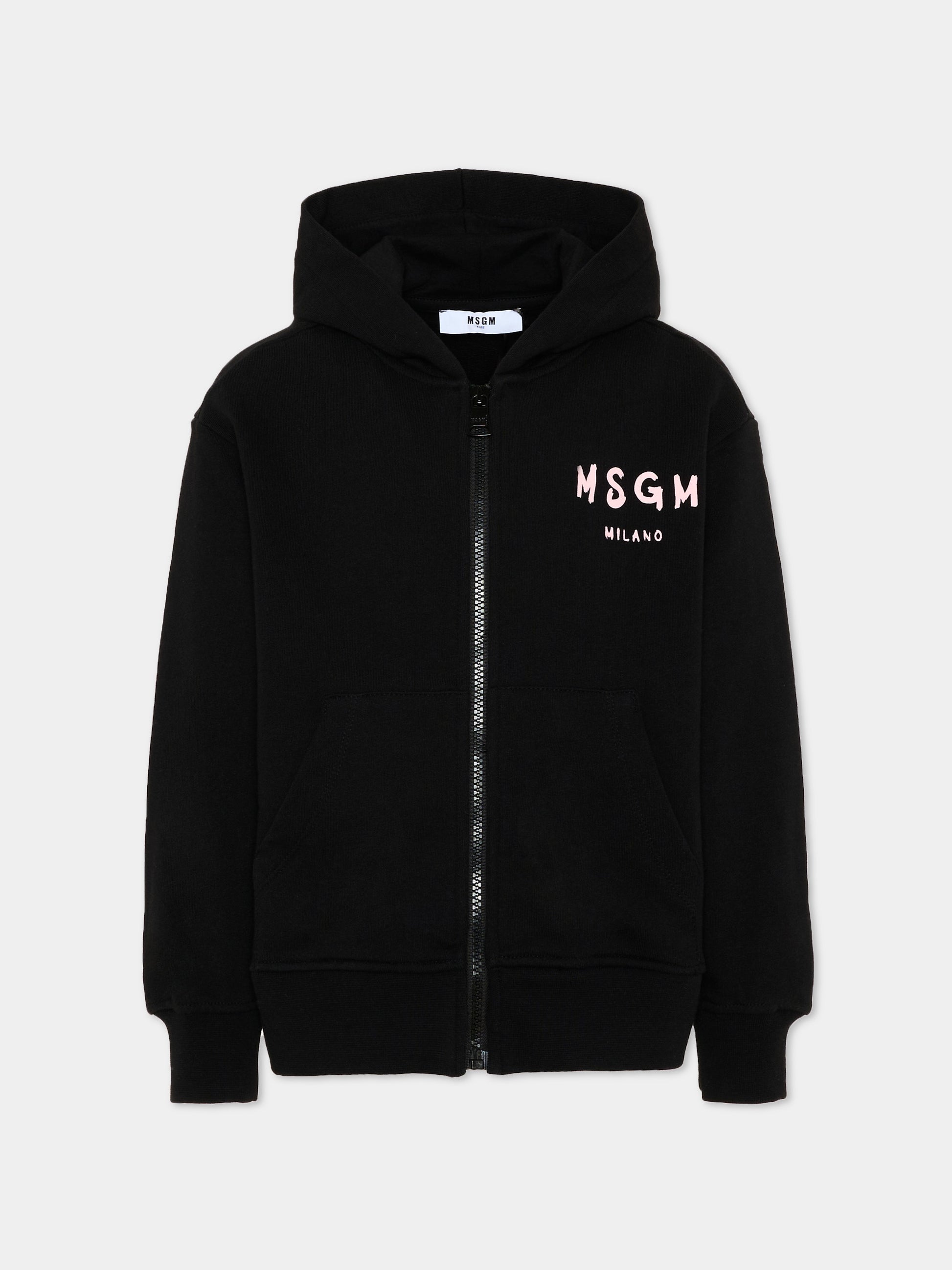 Felpa nera con cappuccio per bambina con logo,Msgm Kids,S6MSJUZH065 110/88