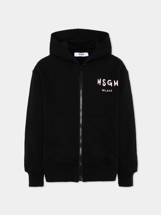 Felpa nera con cappuccio per bambina con logo,Msgm Kids,S6MSJUZH065 110/88