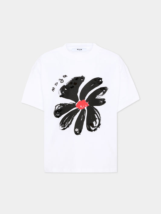 T-Shirt bianca per bambina con fiore,Msgm Kids,S6MSJGTH080 001