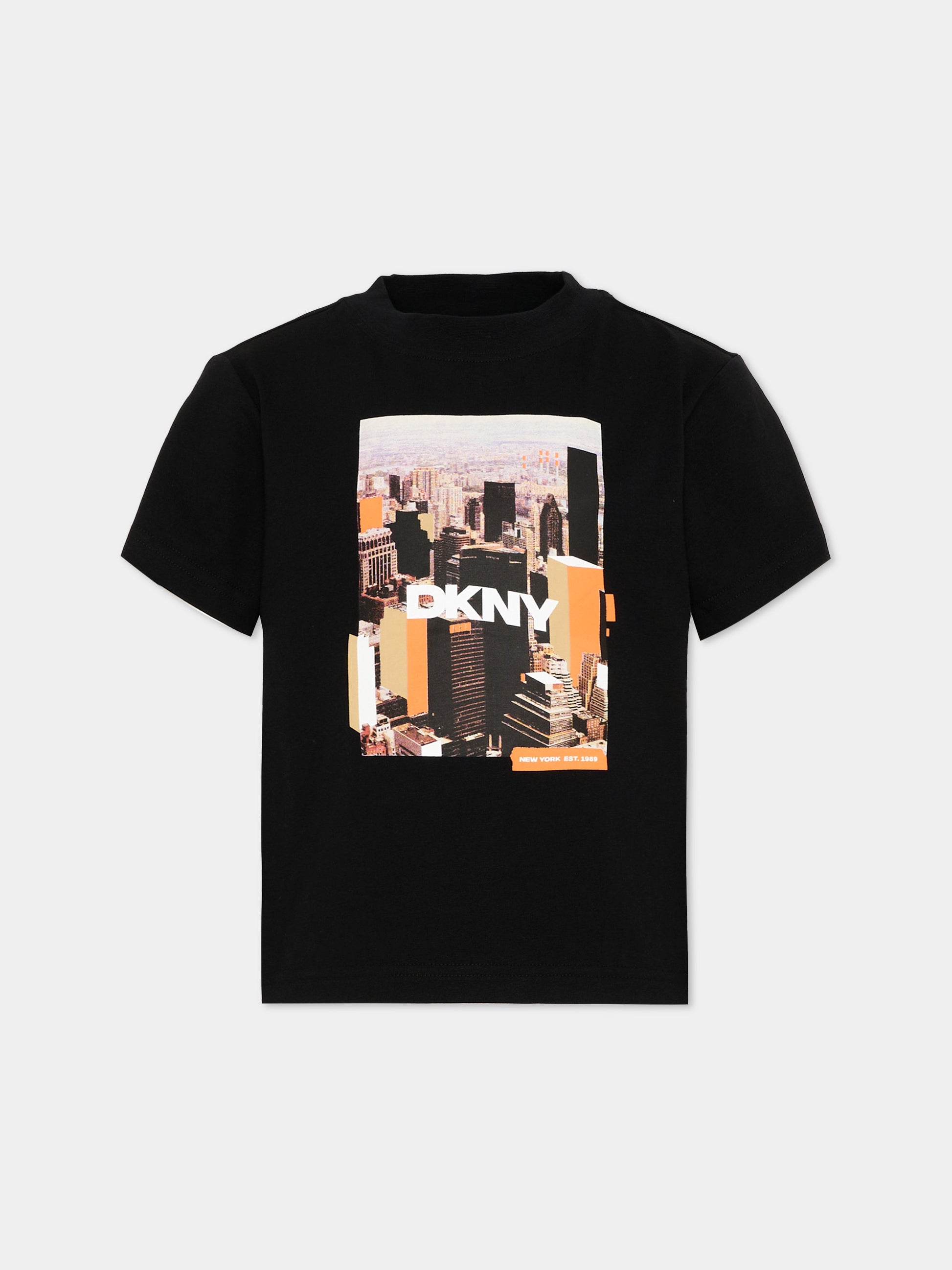 T-Shirt nera per bambino con logo,Dkny,D62536 09B