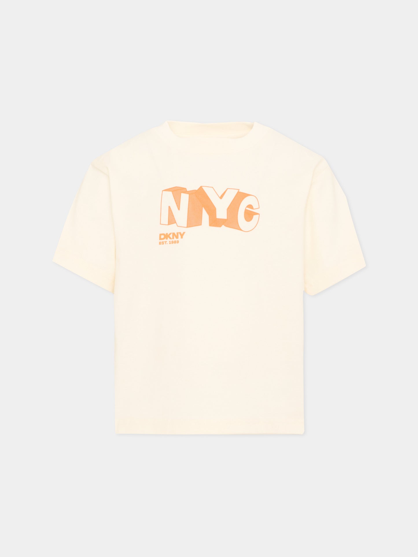 T-Shirt avorio per bambino con logo,Dkny,D62542 519