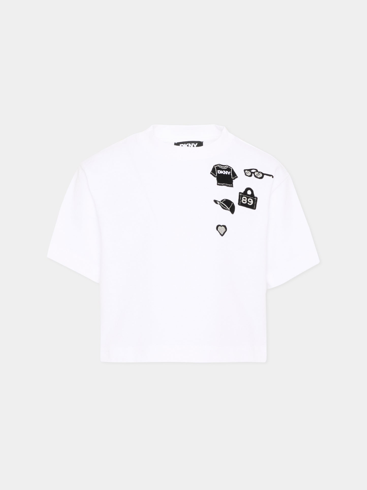 T-Shirt bianca per bambina con logo,Dkny,D62590 10P
