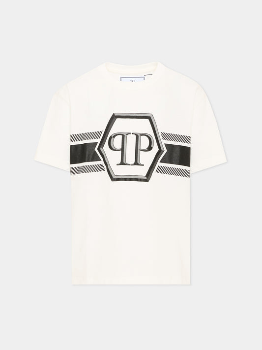 T-shirt avorio per bambino con logo,Philipp Plein Junior,S6PHJBTH054 002