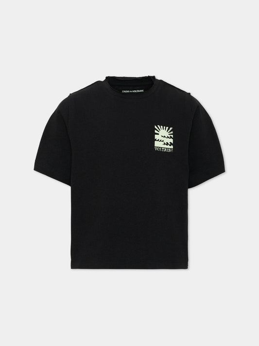 T-Shirt nera per bambina con stampa,Zadig & Voltaire Kids,X60582 09B