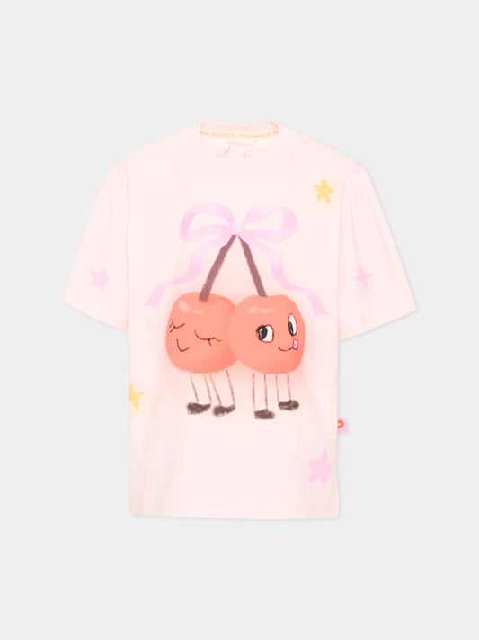 T-shirt a manica corta rosa per bambina stampa ciliegie,Poco Blush,SS26258