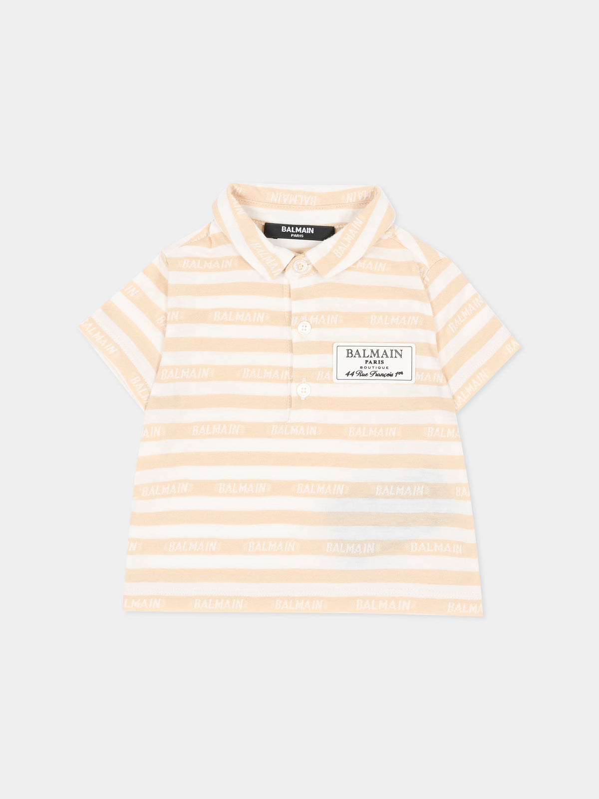 Polo avorio per neonato a righe con logo,Balmain Kids,BU8701 Z2192 102BG