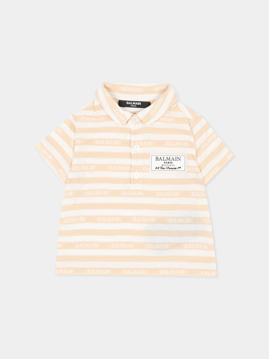 Polo avorio per neonato a righe con logo,Balmain Kids,BU8701 Z2192 102BG