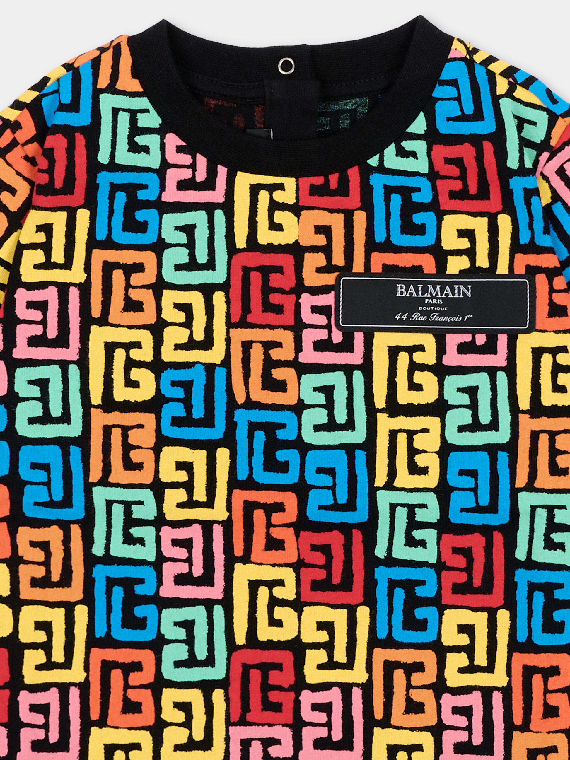 T-shirt nera per neonati con stampa,Balmain Kids,BW8621 Z2856 930MC