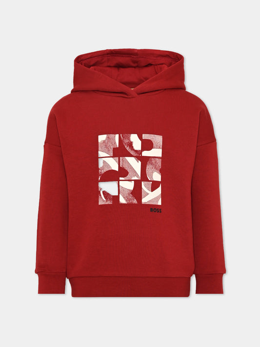 Felpa con cappuccio rossa per bambino con logo,Boss,J52353 96D