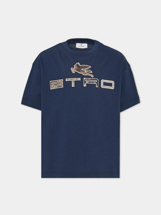 T-shirt a manica corta blu con logo per bambini,Etro,GZ8P21 Z3672 617