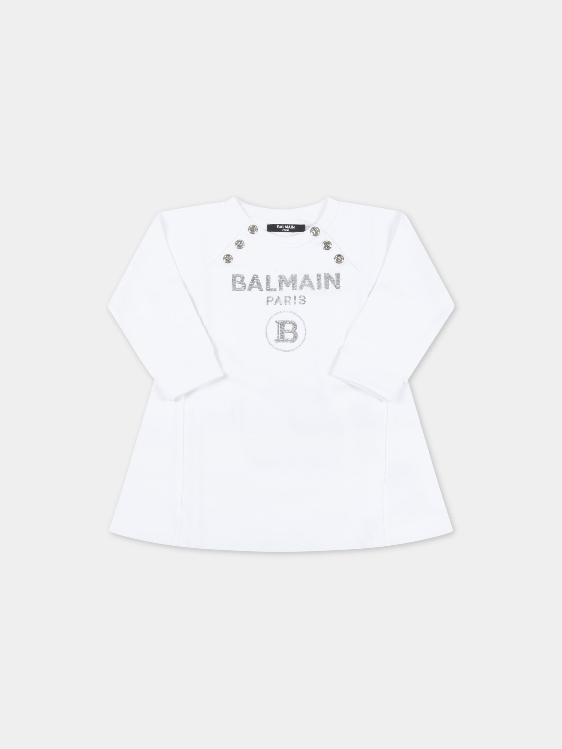 Vestito bianco per neonata con logo argentato,Balmain Kids,6Q1860 F0015 100AG