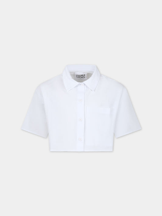 Camicia bianca per bambina con logo nero,Douuod Kids,DS5A01 Z1219 100