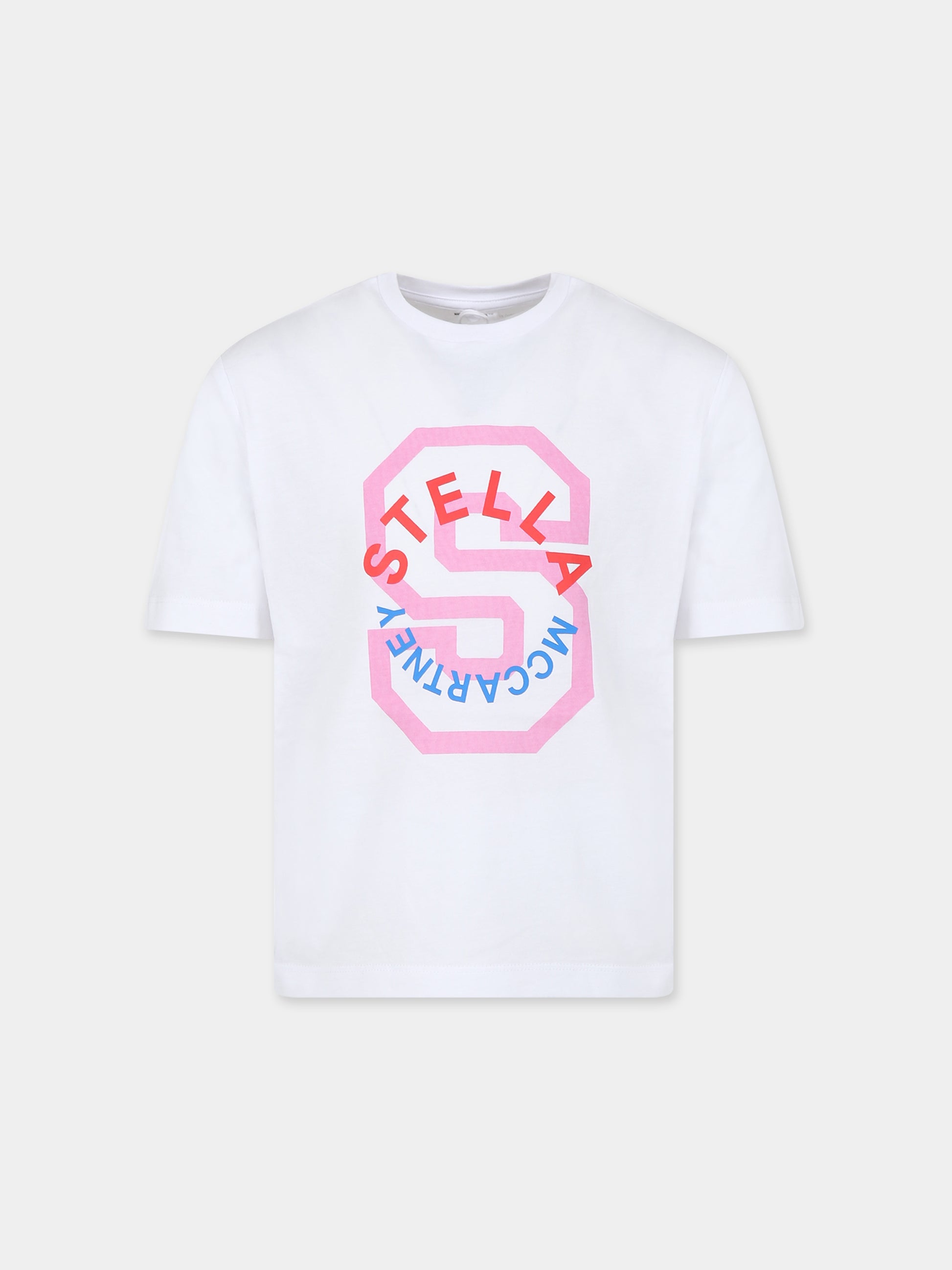T-shirt bianca per bambina con stampa logo multicolor,Stella Mccartney Kids,TT8A41 Z0434 100