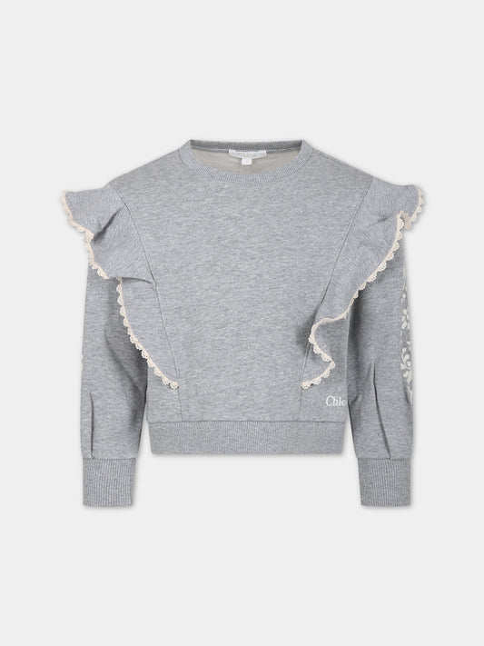 Felpa grigia con ricami per bambina,Chloé Kids,C15E25 A38