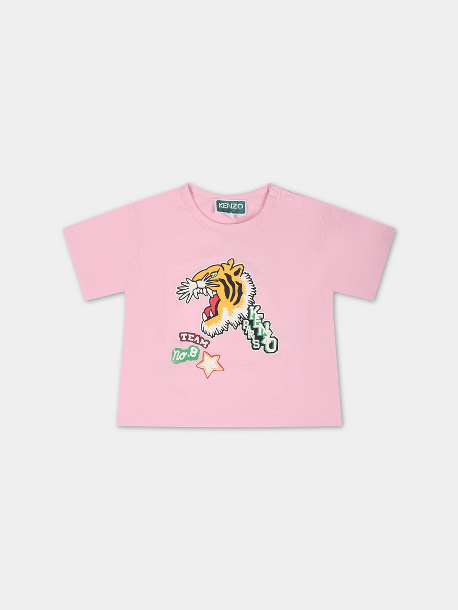 T-shirt rosa per neonata con tigre e logo,Kenzo Kids,K05505 456