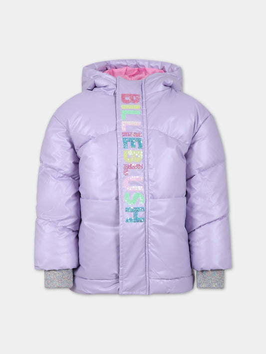 Piumino lilla con logo in paillettes per bambina,Billieblush,U16366 MALVA